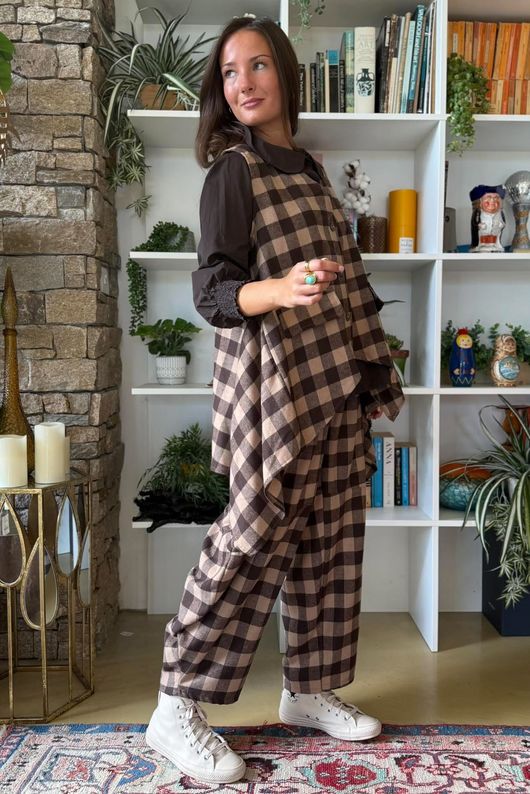 Nora Brushed Cotton Gingham Trapeze Waistcoat Coffee Bean